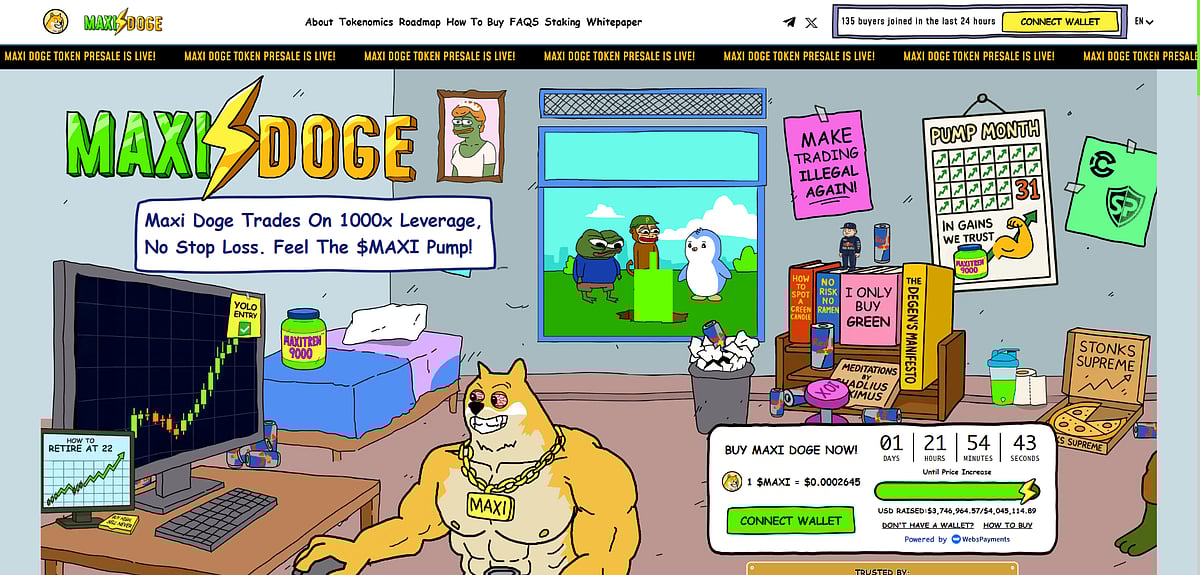 Cartoon of a muscular Maxi Doge in an office with crypto trading screen and memes.