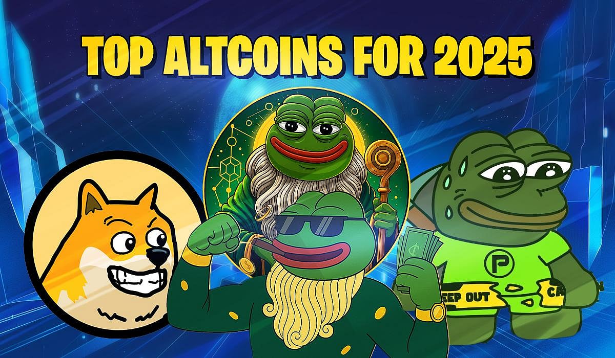 Meme coins Dogecoin, Pepe, and others under a TOP ALTCOINS FOR 2025 headline.