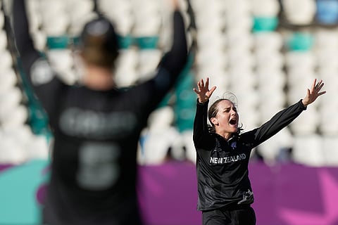New Zealand's Amelia Kerr appeals unsuccessfully for the wicket of England's Amy Jones during the ICC Women's Cricket World Cup match between England and New Zealand at ACA–VDCA Cricket Stadium in Visakhapatnam.
