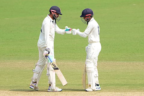 Gujarat's Manan Hingrajia and Siddharth Desai during the second day of the Ranji Trophy cricket match between Bengal and Gujarat, at Eden Gardens, in Kolkata, West Bengal.