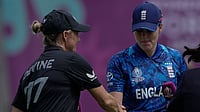 | Photo: AP/Mahesh Kumar A. : New Zealand's captain Sophie Devine, left, and England's captain Nat Sciver-Brunt shake hands after the toss during the ICC Women's Cricket World Cup match between England and New Zealand at ACA–VDCA Cricket Stadium in Visakhapatnam, India, Sunday, Oct. 26, 2025.