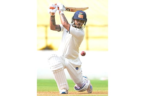 Jharkhand's captain Ishan Kishan plays a shot during the second day of the Ranji Trophy match between Vidarbha and Jharkhand at VCA Stadium, in Nagpur, Maharashtra.