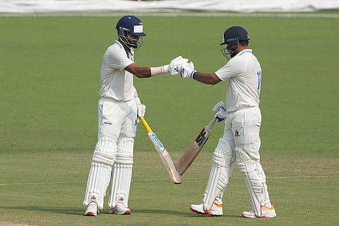 Bengal's Akash Deep and Mohammed Shami during the second day of the Ranji Trophy cricket match between Bengal and Gujarat, at Eden Gardens, in Kolkata, West Bengal.
