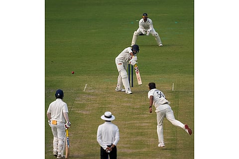 Delhi's Sanat Sangwan plays a shot during the first day of the Ranji Trophy 2025-26 cricket match between Delhi and Himachal Pradesh, at the Arun Jaitley Stadium, in New Delhi.