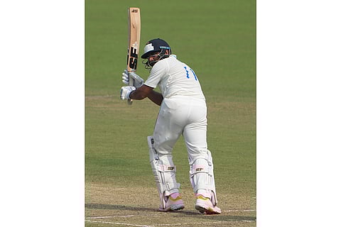 Kolkata: Bengal's Mohammed Shami plays a shot during the second day of the Ranji Trophy cricket match between Bengal and Gujarat, at Eden Gardens, in Kolkata, West Bengal.