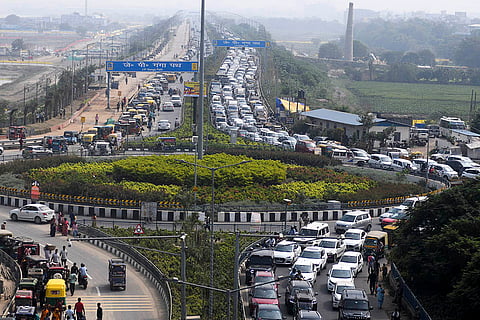 Vehicles stuck in a traffic jam on JP Ganga Path on the second day of Chhath Puja festival, in Patna.