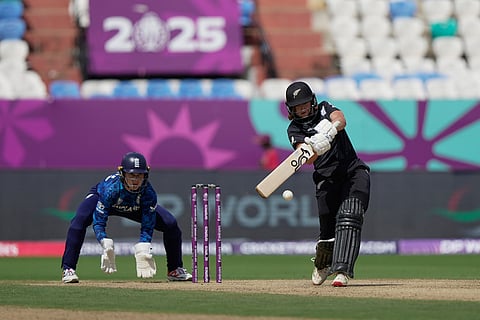 New Zealand's Isabella Gaze plays a shot during the ICC Women's Cricket World Cup match between England and New Zealand at ACA–VDCA Cricket Stadium in Visakhapatnam.