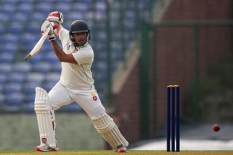 Delhi's Ayush Doseja plays a shot during the first day of the Ranji Trophy 2025-26 cricket match between Delhi and Himachal Pradesh, at the Arun Jaitley Stadium, in New Delhi.