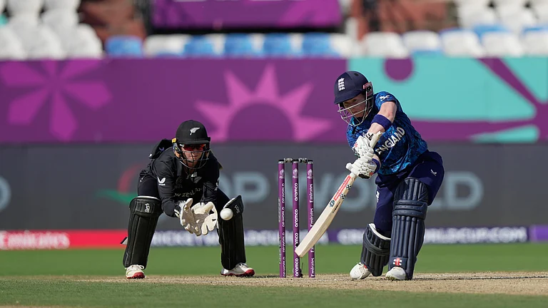 England's Tammy Beaumont plays a shot during the ICC Women's Cricket World Cup match between England and New Zealand at ACA–VDCA Cricket Stadium in Visakhapatnam, India, Sunday, Oct. 26, 2025. - | Photo: AP/Mahesh Kumar A.