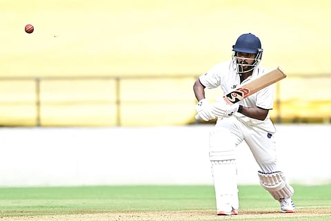 Jharkhand's Kumar Suraj plays a shot on the second day of the Ranji Trophy match between Vidarbha and Jharkhand at VCA Stadium, in Nagpur, Maharashtra.