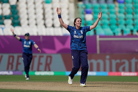 England's captain Nat Sciver-Brunt appeals successful for the wicket of New Zealand's Rosemary Mair during the ICC Women's Cricket World Cup match between England and New Zealand at ACA–VDCA Cricket Stadium in Visakhapatnam.
