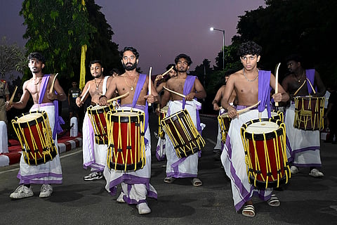 Artists beat drums during the 'Shauryaveer: Run for India' marathon, in New Delhi.