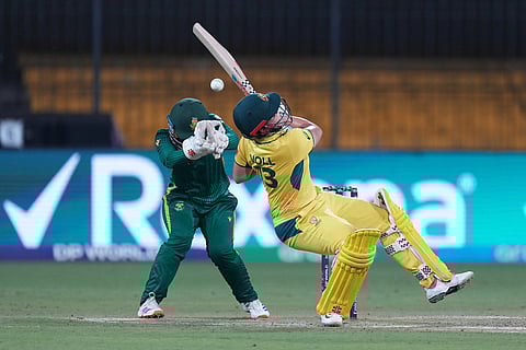 Australia's Georgia Voll plays a shot during the ICC Women's Cricket World Cup match between Australia and South Africa in Indore.
