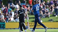 | Photo: AP/Andrew Cornaga                                           : England bowler Brydon Carse celebrates the wicket of New Zealand's Kane Williamson during the One Day international cricket match between New Zealand and England in Mt Maunganui, New Zealand, Sunday, Oct.26, 2025.