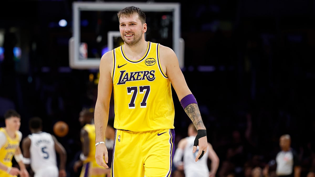 Luka Doncic #77 of the Los Angeles Lakers reacts during play against the Minnesota Timberwolves in the second half at Crypto.com Arena on October 24, 2025 in Los Angeles, California. - null