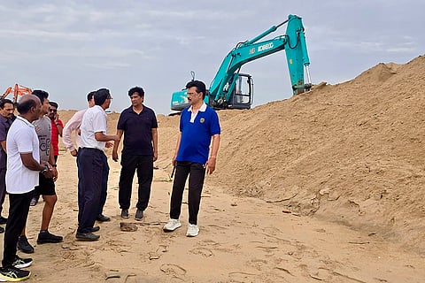 Tamil Nadu Chief Minister M.K. Stalin, accompanied by Deputy Chief Minister Udhayanithi Stalin and officials, inspects the ongoing dredging and widening work at the mouth of the Adyar river near Srinivasapuram, in Chennai. The visit was part of the government's flood-preparedness efforts ahead of the Northeast Monsoon.