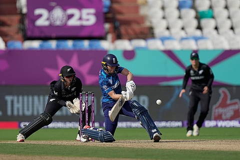 England's Amy Jones plays a shot during the ICC Women's Cricket World Cup match between England and New Zealand at ACA–VDCA Cricket Stadium in Visakhapatnam.