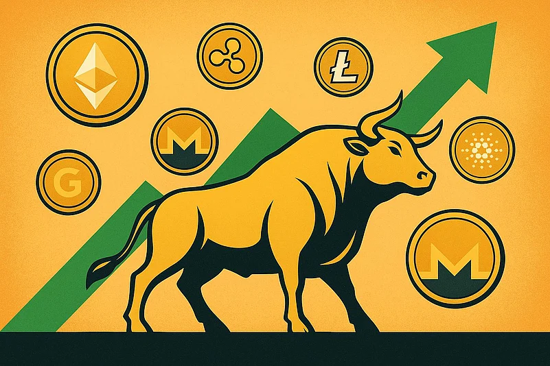 Bull with crypto logos symbolizing a market bull trap