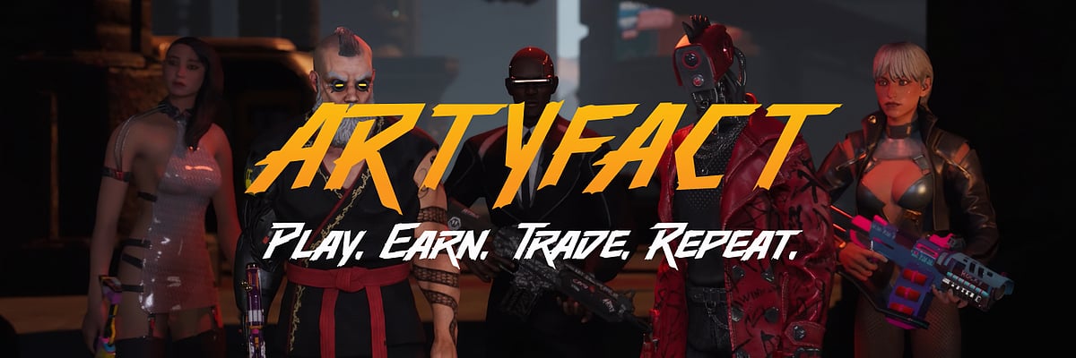 Artyfact game promo with title and slogan “PLAY. EARN. TRADE. REPEAT.”