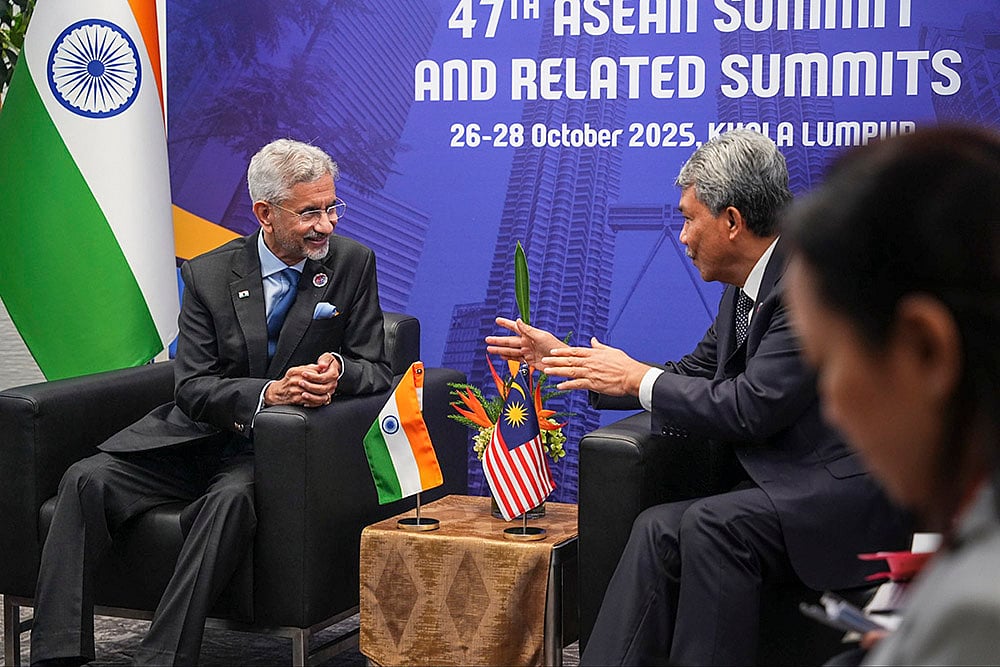 | Photo: @DrSJaishankar/X via PTI  : External Affairs Minister S Jaishankar speaks with Malaysian Foreign Minister Mohamad Haji Hasan during the 47th ASEAN Summit and Related Summits, in Kuala Lumpur, Malaysia. 