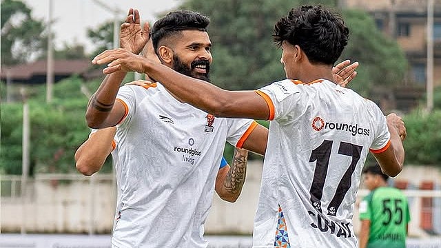 Punjab FC's Princeton Rebello and Muhammad Uvais celebrate their sides goal in the AIFF Super Cup 2025 match against Gokulam Kerala at the GMC Stadium, Bambolim, on October 27, 2025. - | Photo: Instagram/rgpunjabfc