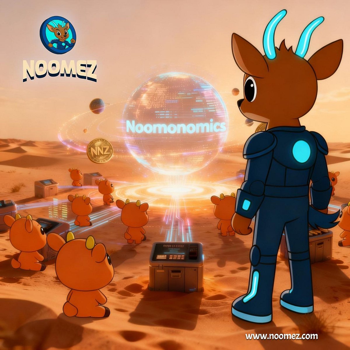 Cartoon deer watch a glowing hologram sphere labeled “Noomonomics” in a desert scene