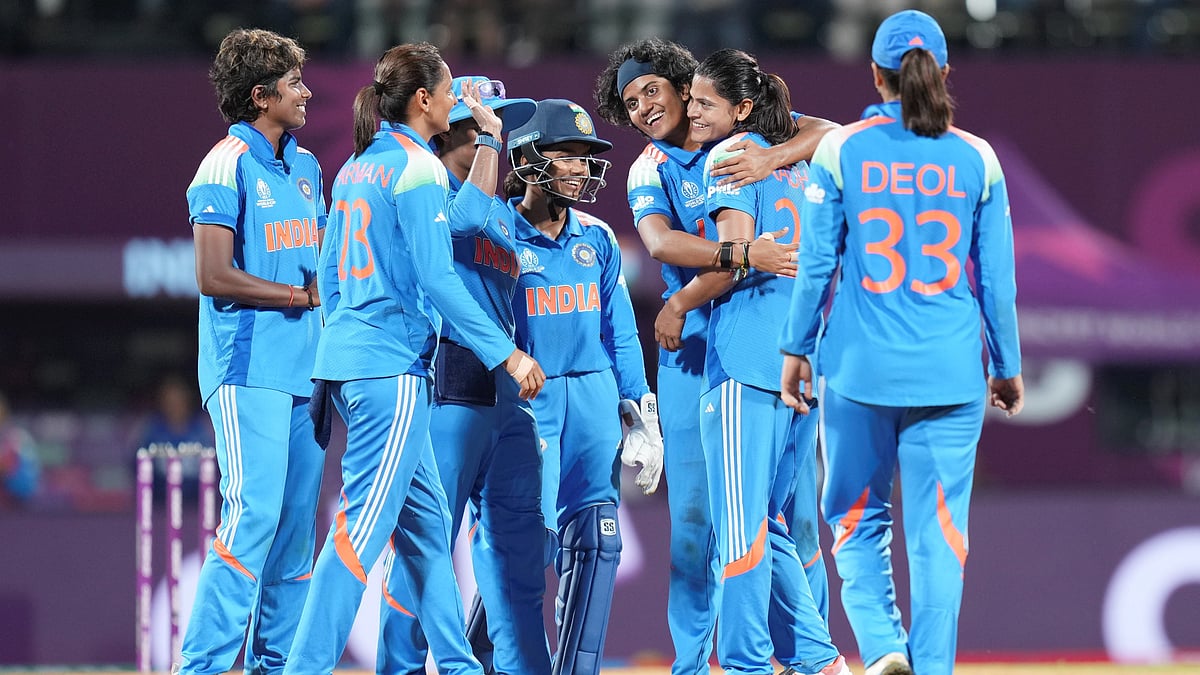 India's Radha Yadav celebrates with teammates after taking the wicket of Bangladesh's Rabeya Khan during their ICC Women's World Cup 2025 match at DY Patil Stadium in Navi Mumbai. - PTI