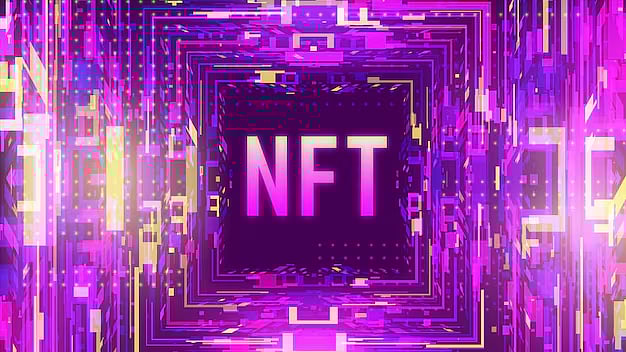 The letters NFT in a central square surrounded by glowing purple and blue digital tunnels.