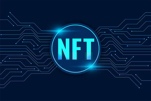The acronym NFT in a glowing circle with blue circuit board lines in the background.