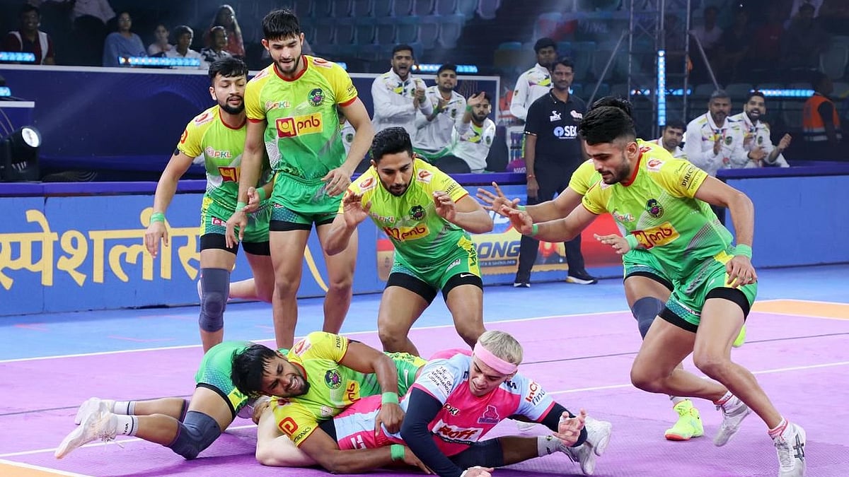 Action from the Jaipur Pink Panthers vs Patna Pirates, Pro Kabaddi League 2025 Eliminator 1 match in New Delhi. - Pro Kabaddi