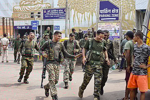 Chhattisgarh Armed Force personnel arrive at the railway station for deployment ahead of the Bihar Assembly Election, in Patna, Bihar.