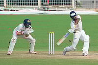 Ranji Trophy 2025-26 Round Two, Day 4: Live Action In Pictures Photo: PTI/Swapan Mahapatra : Bengal's Akash Deep plays a shot during the fourth day of the Ranji Trophy 2025-26 cricket match between Bengal and Gujarat, at Eden Gardens, in Kolkata.