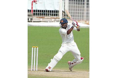 Gujarat's Urvil Patel plays a shot during the fourth day of the Ranji Trophy 2025-26 cricket match between Bengal and Gujarat, at Eden Gardens, in Kolkata.