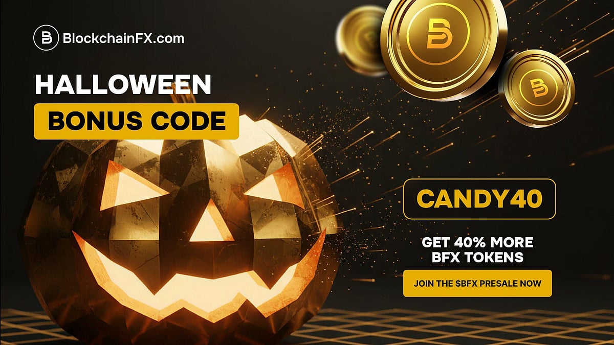 Halloween Bonus Code CANDY40 for BlockchainFX.com with a glowing jack-o-lantern and gold tokens.