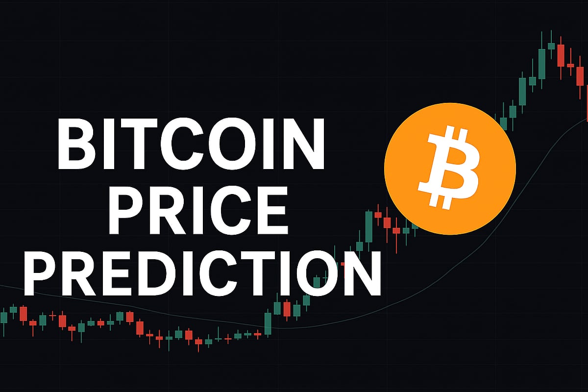 Bitcoin price prediction thumbnail with a rising chart and bitcoin logo.