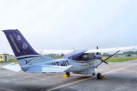 The aircraft to be used for the first cloud-seeding trial in the national capital takes off from Kanpur.
