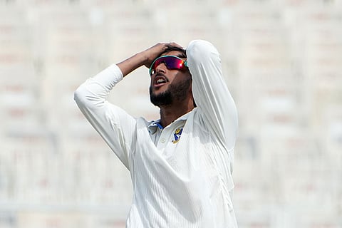 Bengal's Shahbaz Ahmed reacts during the fourth day of the Ranji Trophy 2025-26 cricket match between Bengal and Gujarat, at Eden Gardens, in Kolkata.