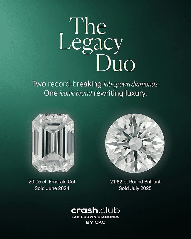 The Legacy Duo featuring a 20.06 ct Emerald Cut and a 21.82 ct Round Brilliant lab-grown diamond.