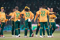 | Photo: AP/Anjum Naveed : South African players congratulate each others after winning the first T20 cricket match against Pakistan, in Rawalpindi, Pakistan.