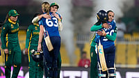 AP Photo/Anupam Nath : South Africa's players with England's players celebrate after winning the ICC Women's Cricket World Cup first semifinal match between England and South Africa at Barsapara Cricket Stadium in Guwahati, India, Thursday, Oct. 29, 2025