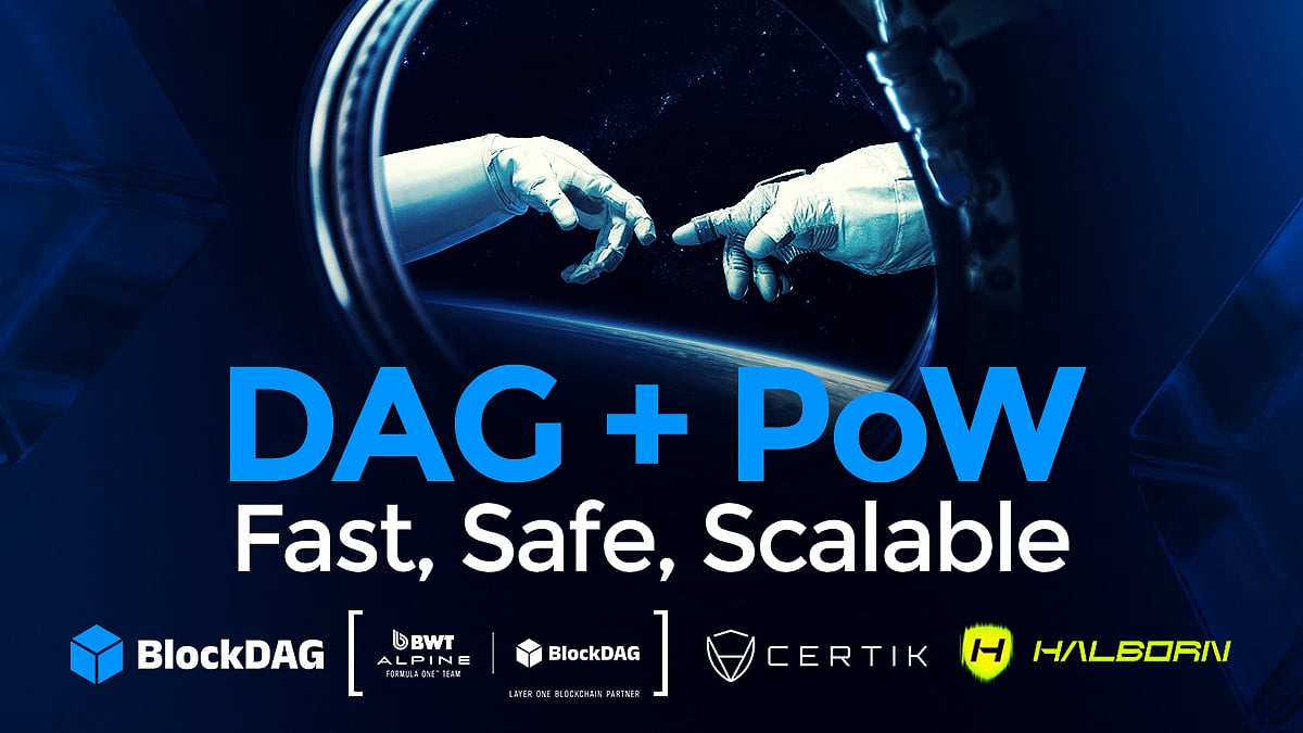 Graphic highlighting DAG + PoW for BlockDAG: Fast, Safe, Scalable. Logos below.