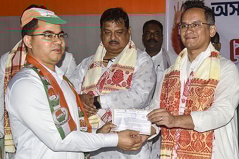 Gaurav Gogoi welcomes new leader to Congress: Deputy Leader of the Indian National Congress in the Lok Sabha, Gaurav Gogoi, welcomes a leader during his induction into the Congress party, in Guwahati, Assam.