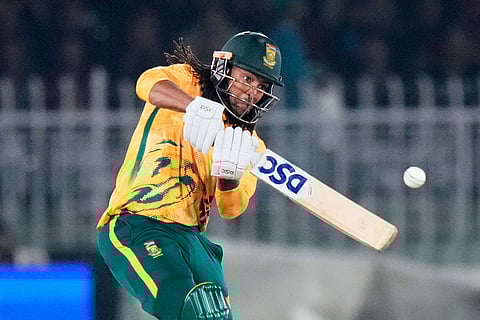 South Africa's Tony de Zorzi plays a shot during the first T20 cricket match between Pakistan and South Africa, in Rawalpindi, Pakistan.