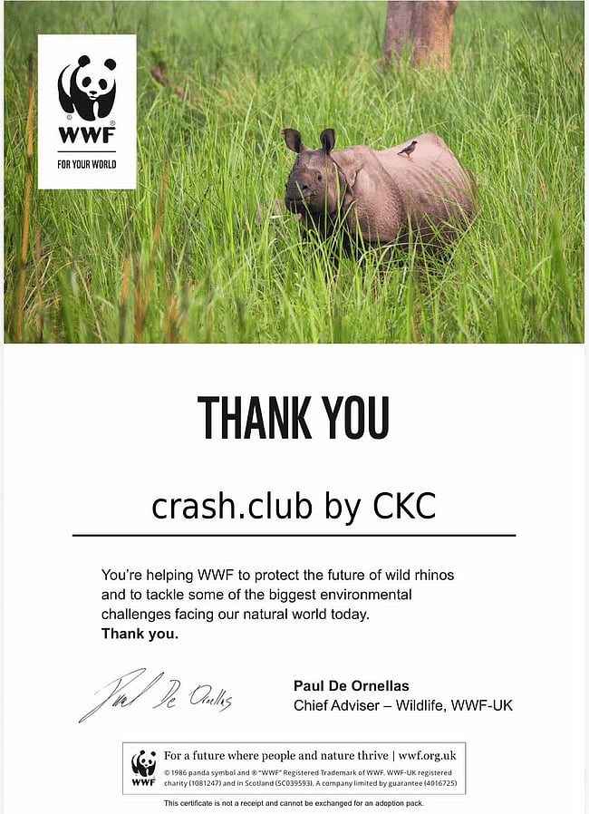 WWF thank-you note with rhino image and crash.club by CKC text.