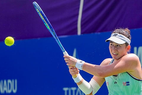 WTA Chennai Open, Round 32: Chinese Taipei's Joanna Garland returns a shot during a women's singles round of 32 match against Netherlands' Arianne Hartono at the WTA Chennai Open 2025, at SDAT Tennis Stadium, in Chennai.