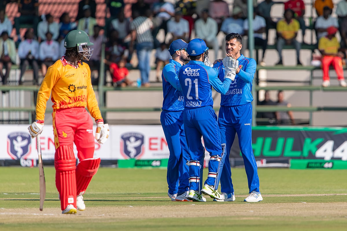 Afghanistan celebrate a wicket during their 1st T20I against Zimbabwe - X/ACB