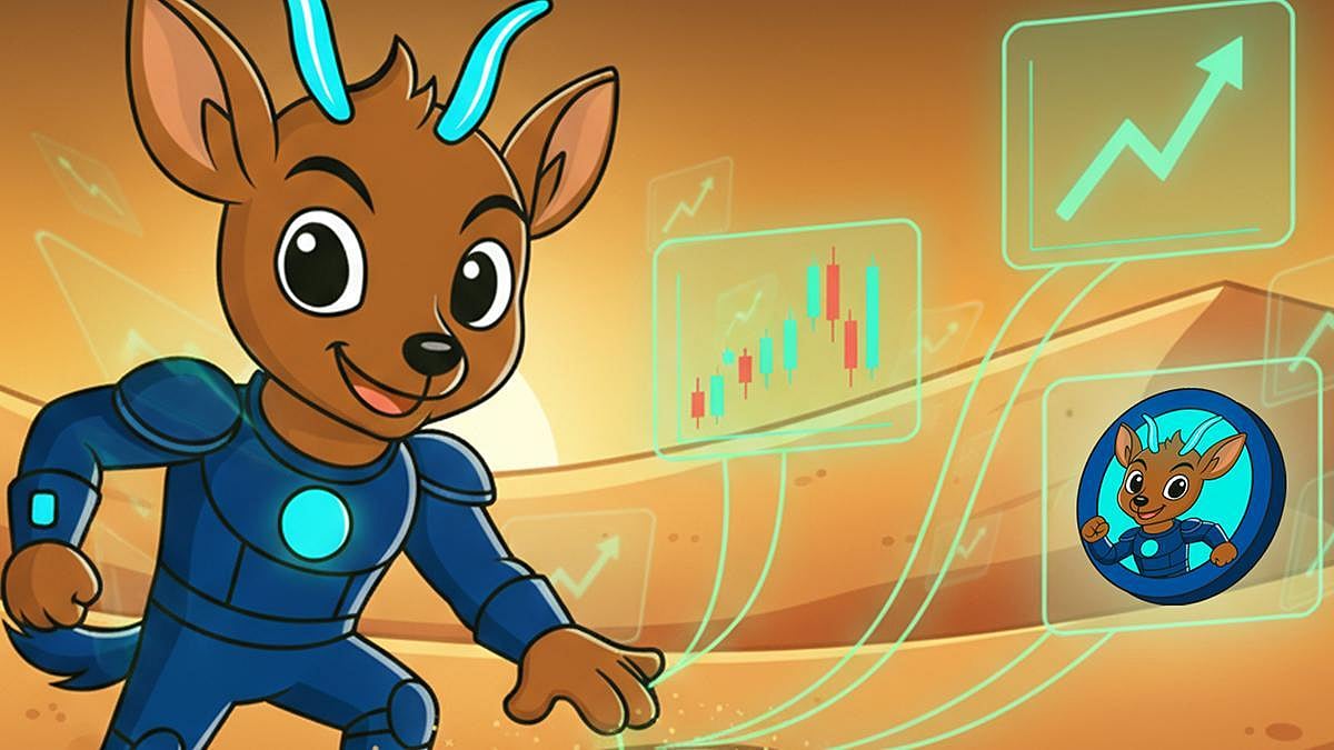 Cartoon deer mascot in blue armor with glowing charts and a rising arrow in a desert setting.