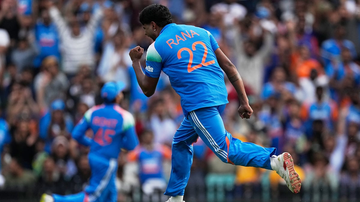 | Photo: AP/Rick Rycroft : India's Harshit Rana celebrates after taking the wicket of Australia's Mitch Owen during their One Day International cricket match in Sydney, Australia, Saturday, Oct. 25, 2025.