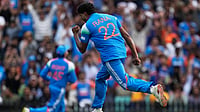 | Photo: AP/Rick Rycroft : India's Harshit Rana celebrates after taking the wicket of Australia's Mitch Owen during their One Day International cricket match in Sydney, Australia, Saturday, Oct. 25, 2025.