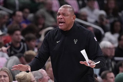 Milwaukee Bucks head coach Doc Rivers reacts during the first half of an NBA basketball game in Milwaukee. 